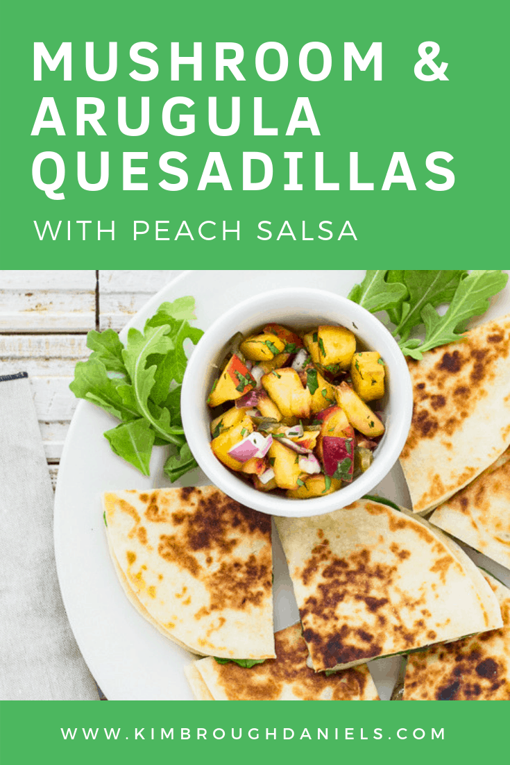 Easy Mushroom and Arugula Quesadillas are filled with sautéed mushrooms, cheese and arugula. Serve with a quick Peach Salsa recipe. An easy and healthy weeknight dinner!  #vegetarian #quesadillas
